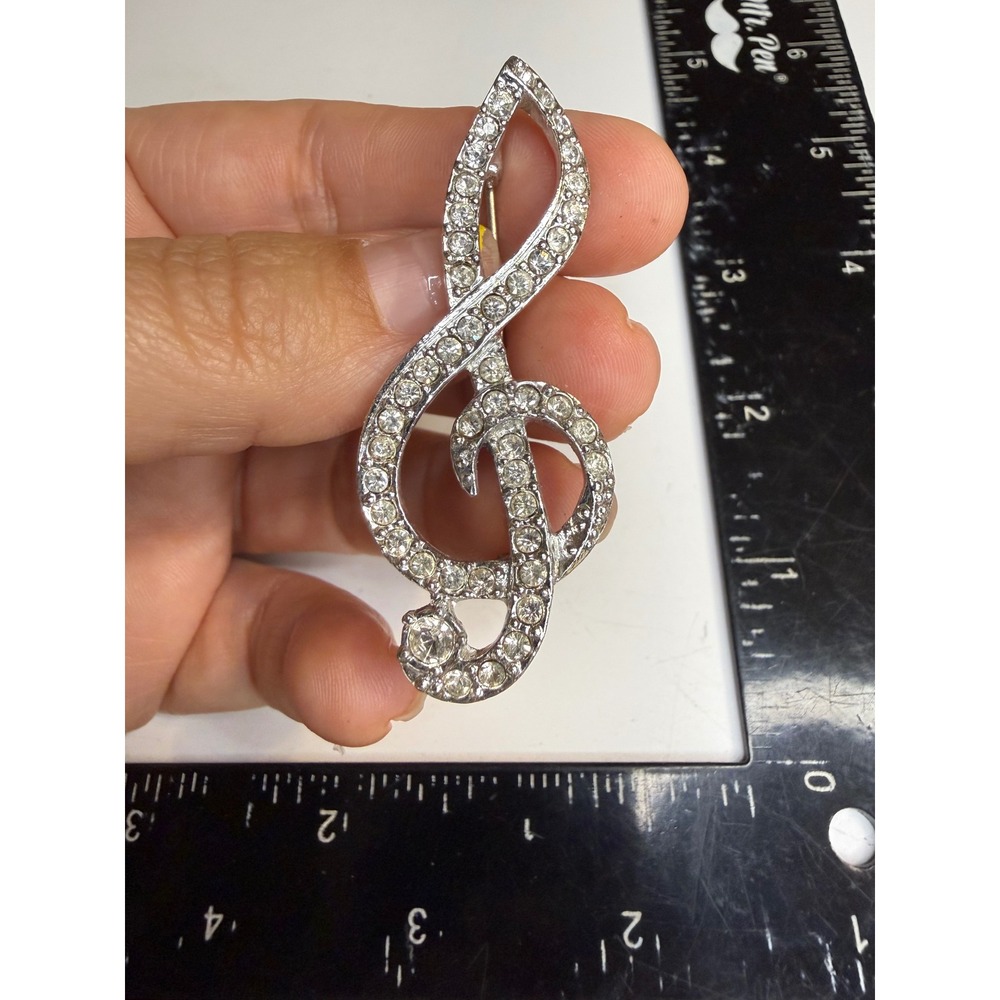 Silver Tone Treble Clef Rhinestone Brooch Music Note G Clef Pin Accessory